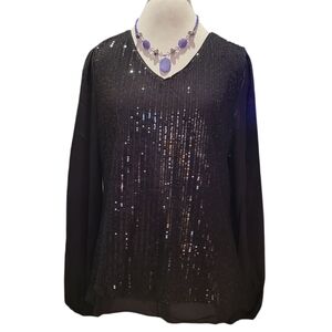 KANNADA Women's Black Sequin Long Sheer Sleeve Blouse - NWOT